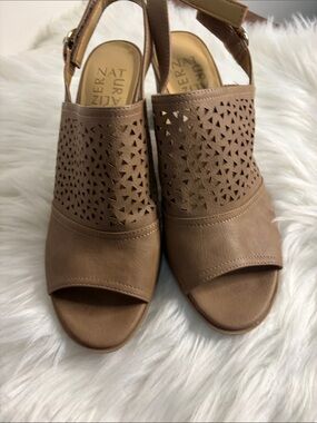 Naturalizer Taupe Laser-Cut Open-Toe Slingback Heels